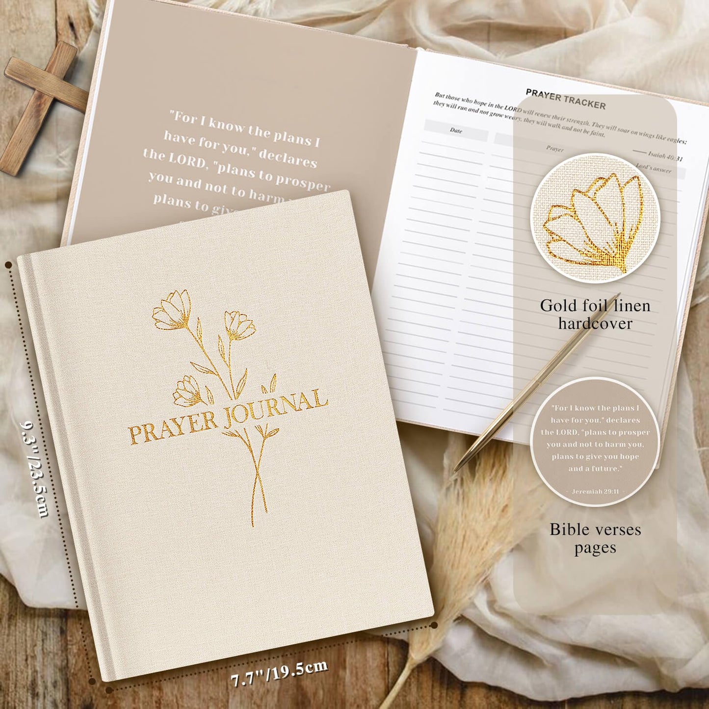 Lanpn Bible Prayer Journal for Women Men, 68 Weeks Linen Bible Study Journal Christian Prayer Notebook Planner with Scripture Verse, Devotional Journal Religious Christian Faith Gifts Women, Beige