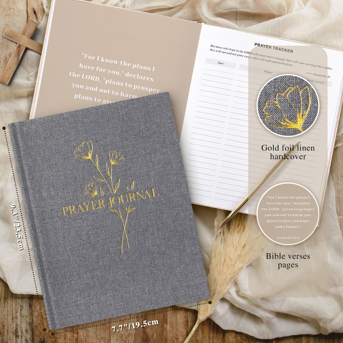 Lanpn Bible Prayer Journal for Women Men, 68 Weeks Linen Bible Study Journal Christian Prayer Notebook Planner with Scripture Verse, Devotional Journal Religious Christian Faith Gifts Women, Beige