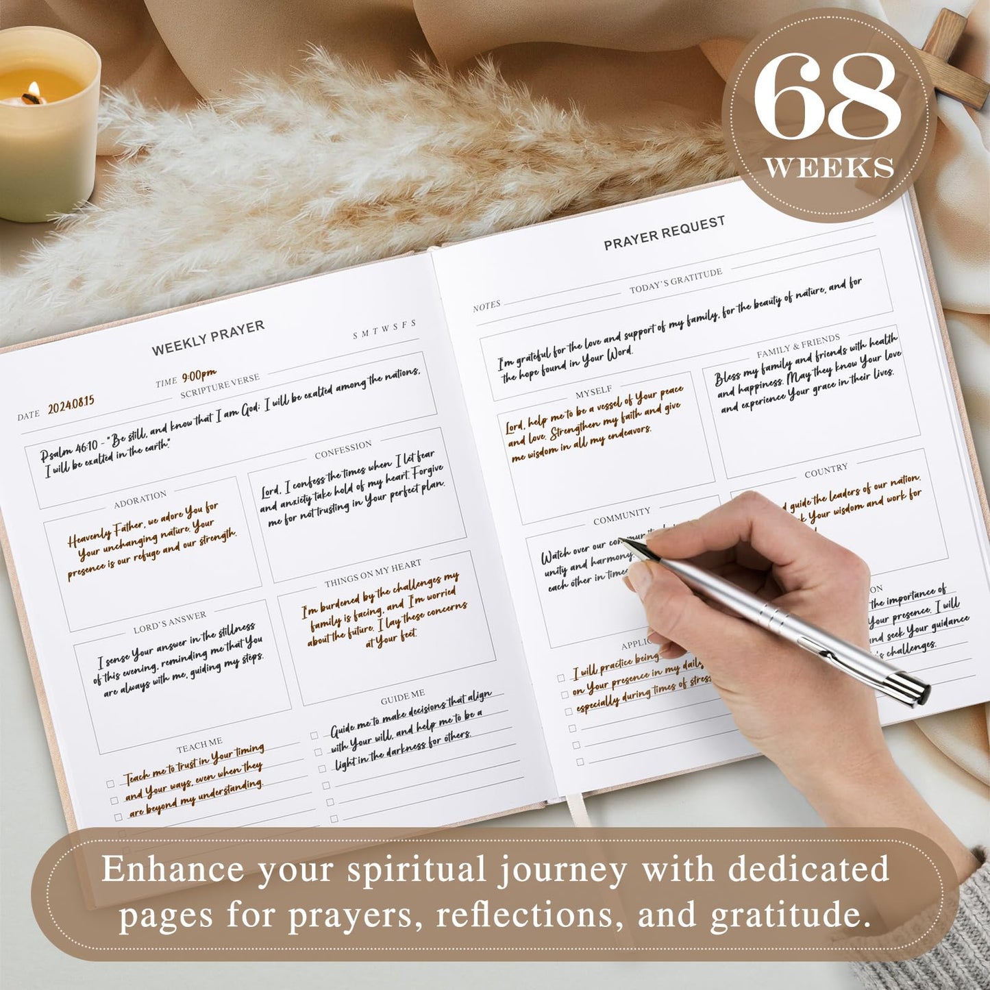 Lanpn Bible Prayer Journal for Women Men, 68 Weeks Linen Bible Study Journal Christian Prayer Notebook Planner with Scripture Verse, Devotional Journal Religious Christian Faith Gifts Women, Beige