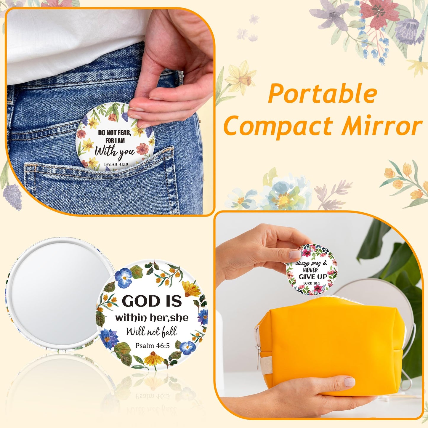 Y1tvei Christian Gifts Compact Mirror - 36Pcs Flower Cross God Say You are Bible Verse Mini Compact Mirrors Inspirational Small Portable Pocket Makeup Mirror for Purse Church Party Favors for Women