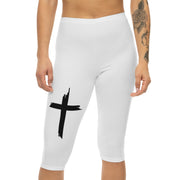 White Women’s Capri Leggings with Bold Cross Design