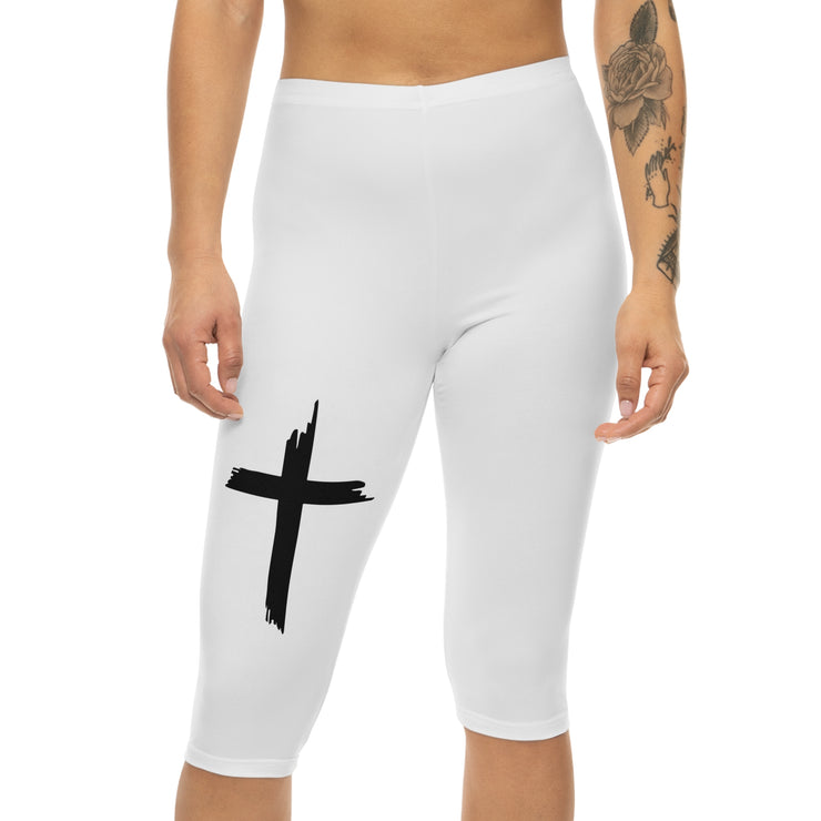 White Women’s Capri Leggings with Bold Cross Design