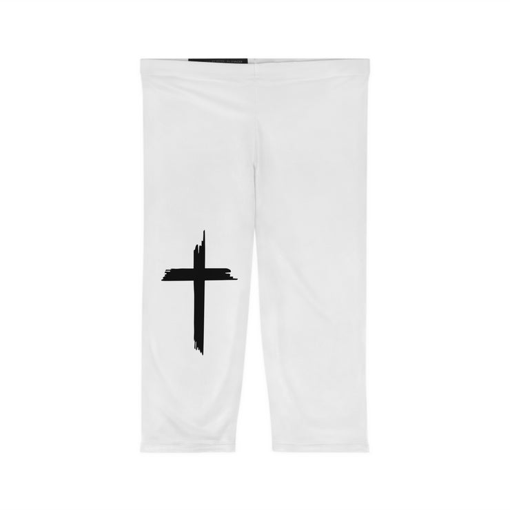 White Women’s Capri Leggings with Bold Cross Design