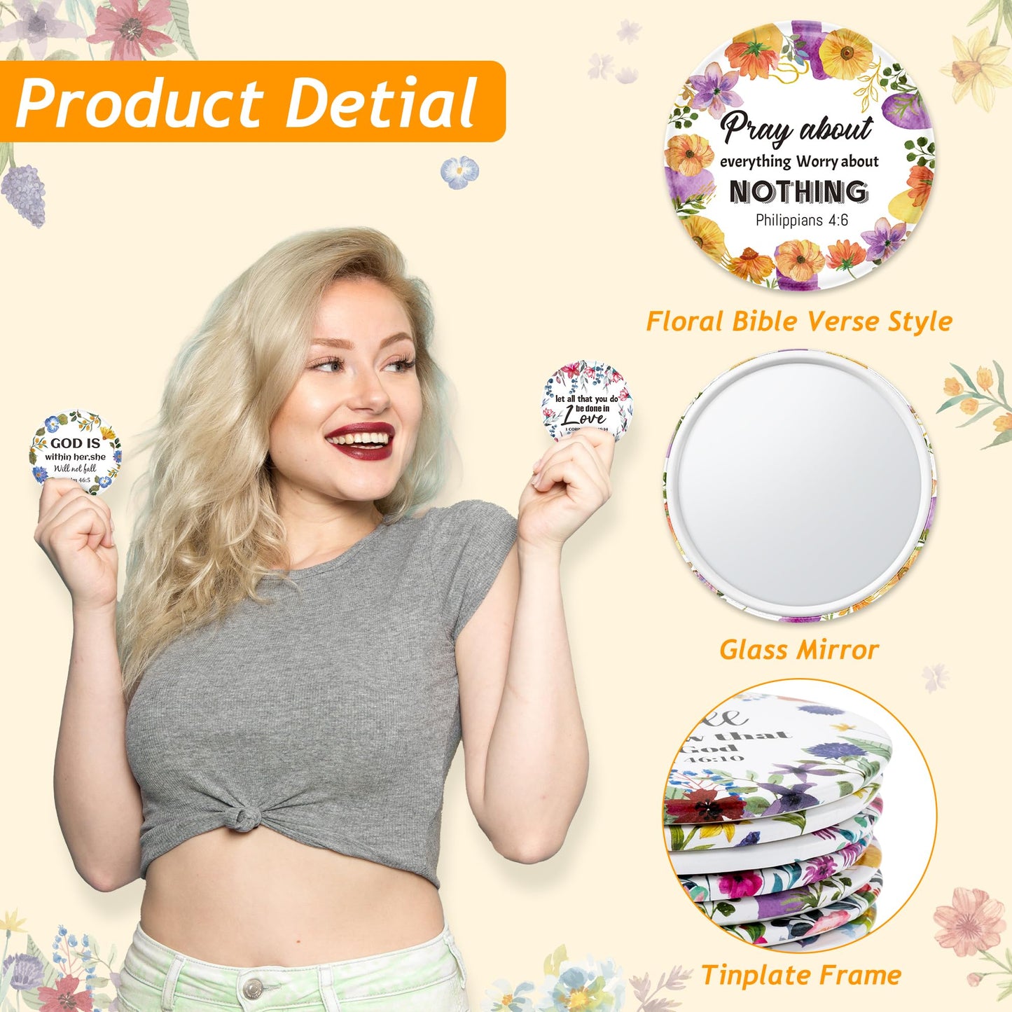 Y1tvei Christian Gifts Compact Mirror - 36Pcs Flower Cross God Say You are Bible Verse Mini Compact Mirrors Inspirational Small Portable Pocket Makeup Mirror for Purse Church Party Favors for Women