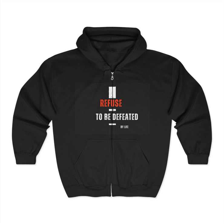Inspirational Zip-Up Hoodie - "Refuse to Be Defeated" with Cross Design
