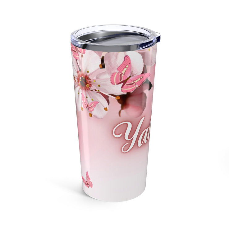 Yahuah Pink Floral Tumbler 20oz, Butterfly Travel Mug, Personalized Gift, Nature Lover Cup, Spring Decor, Floral Insulated Tumbler
